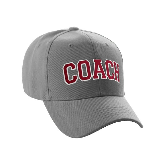 Structured Baseball Hat Classic Team Coach Arched Letters Adjustable Curved Cap, Grey Hat Whtie Red Letters