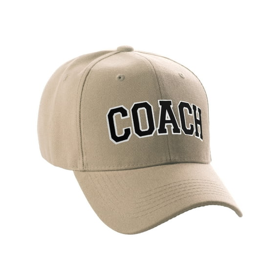 Structured Baseball Hat Classic Team Coach Arched Letters Adjustable Curved Cap, Khaki Hat White Black Letters