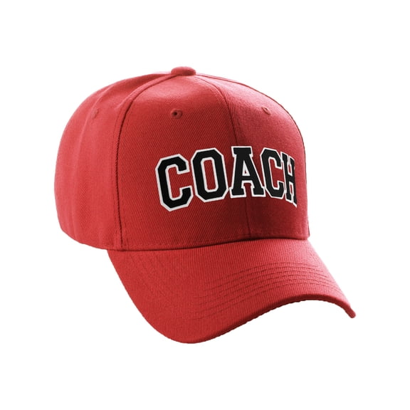 Structured Baseball Hat Classic Team Coach Arched Letters Adjustable Curved Cap, Red Hat White Black Letters