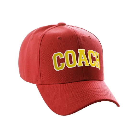 Structured Baseball Hat Classic Team Coach Arched Letters Adjustable Curved Cap, Red Hat White Gold Letters
