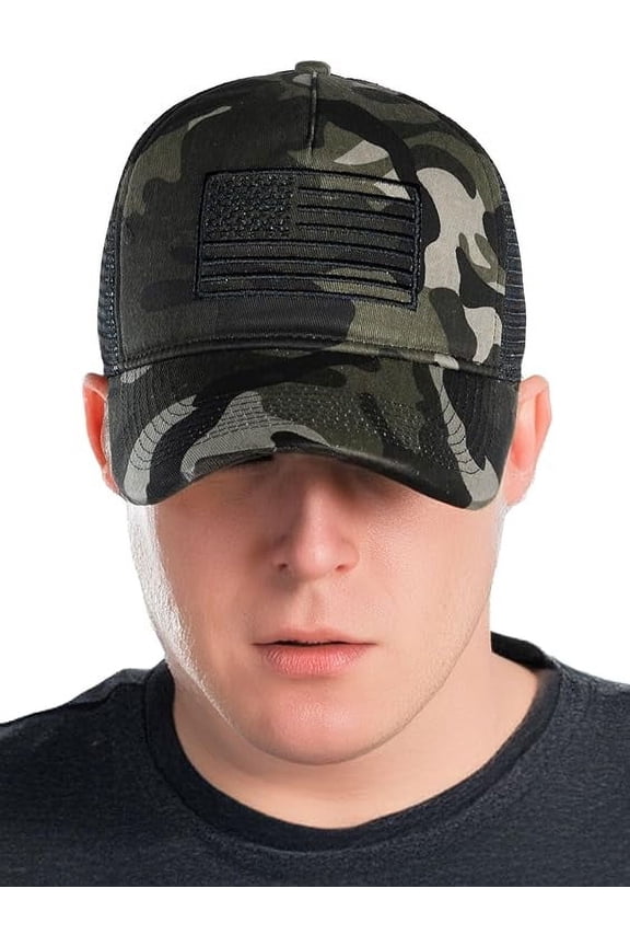 Structured Cotton Mesh 5 Panel Vintage Trucker Hat: American Flag - Camo Black
