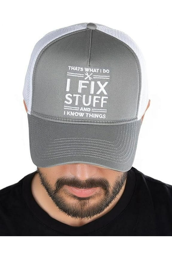 Structured Cotton Mesh 5 Panel Vintage Trucker Hat: I Fix Stuff - Grey