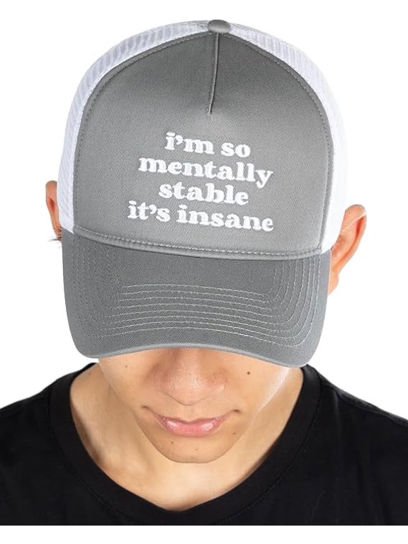 Structured Cotton Mesh 5 Panel Vintage Trucker Hat: I'm So Mentally Stable It's Insane - Grey