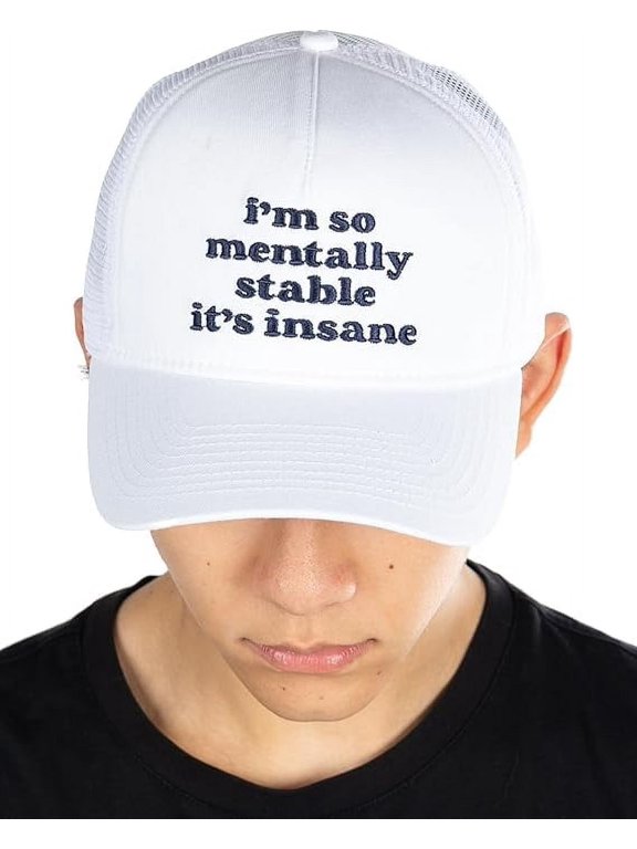 Structured Cotton Mesh 5 Panel Vintage Trucker Hat: I'm So Mentally Stable It's Insane - White