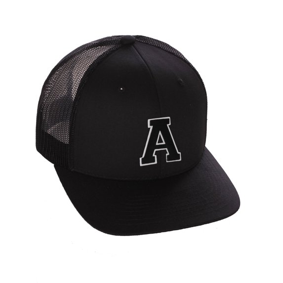 Structured Trucker Mesh Hat Custom Colors Letter A Initial Baseball Mid Profile (Black Black White Black)