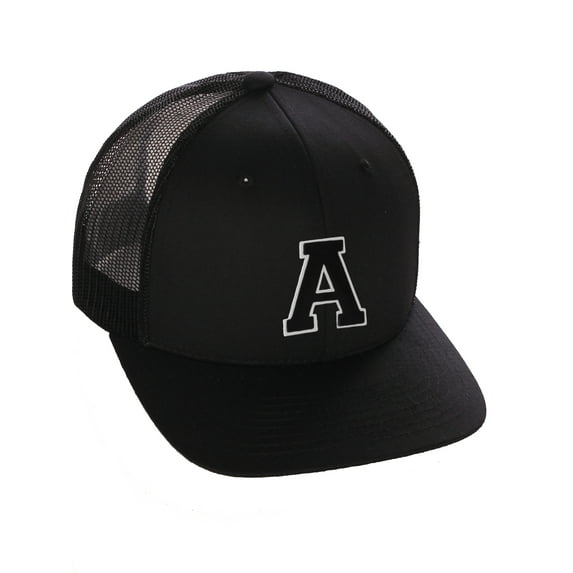 Structured Trucker Mesh Hat Custom Colors Letter A Initial Baseball Mid Profile (Black Black White Black)