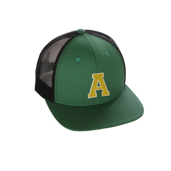 Structured Trucker Mesh Hat Custom Colors Letter A Initial Baseball Mid Profile (Green Black White Gold)