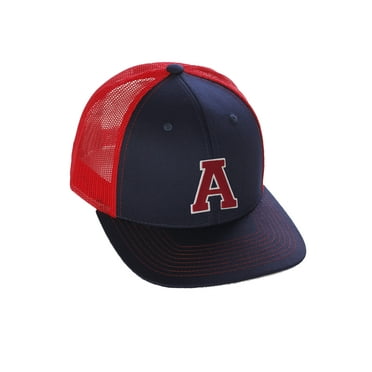 Structured Trucker Mesh Hat Custom Colors Letter A Initial Baseball Mid Profile (Navy Red White Red)