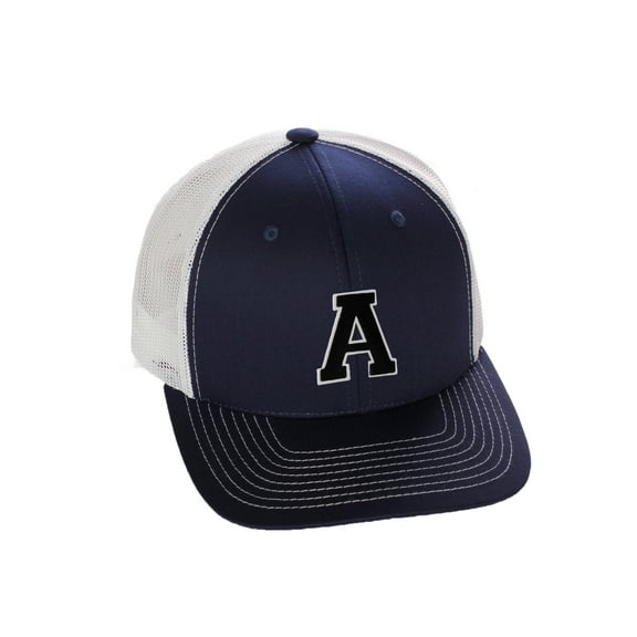 Structured Trucker Mesh Hat Custom Colors Letter A Initial Baseball Mid Profile (Navy White White Black)