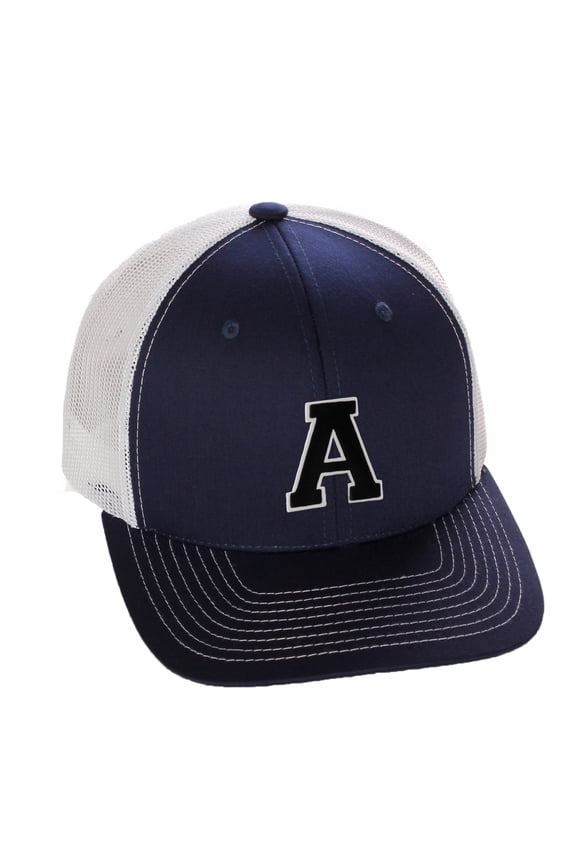 Structured Trucker Mesh Hat Custom Colors Letter A Initial Baseball Mid Profile (Navy White White Black)