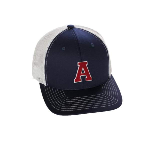 Structured Trucker Mesh Hat Custom Colors Letter A Initial Baseball Mid Profile (Navy White White Red)