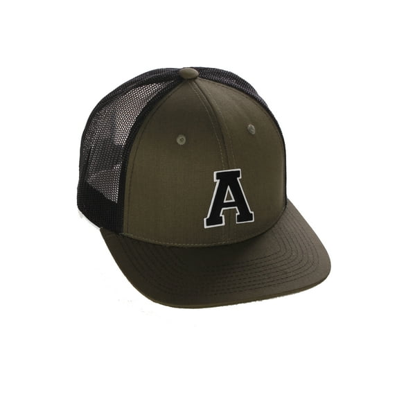 Structured Trucker Mesh Hat Custom Colors Letter A Initial Baseball Mid Profile (Olive Black White Black)