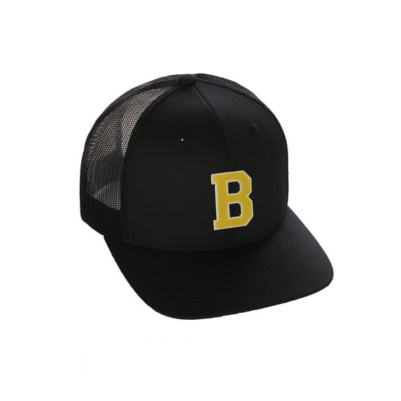 Structured Trucker Mesh Hat Custom Colors Letter B Initial Baseball Mid Profile (Black Black White Gold)