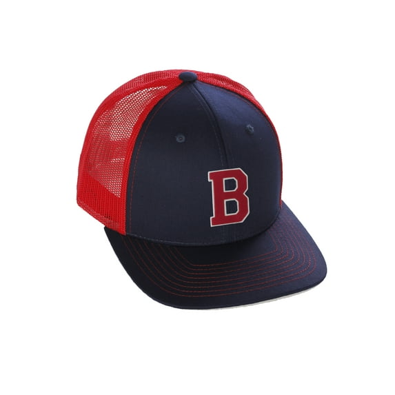 Structured Trucker Mesh Hat Custom Colors Letter B Initial Baseball Mid Profile (Navy Red White Red)