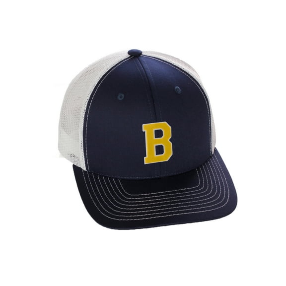 Structured Trucker Mesh Hat Custom Colors Letter B Initial Baseball Mid Profile (Navy White White Gold)