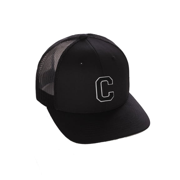 Structured Trucker Mesh Hat Custom Colors Letter C Initial Baseball Mid Profile (Black Black White Black)