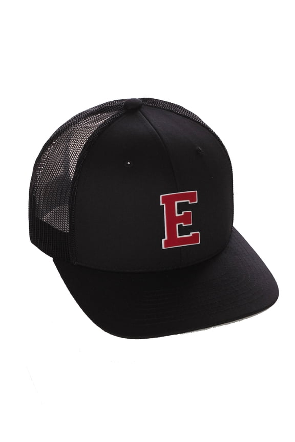 Structured Trucker Mesh Hat Custom Colors Letter E Initial Baseball Mid Profile (Black Black White Red)