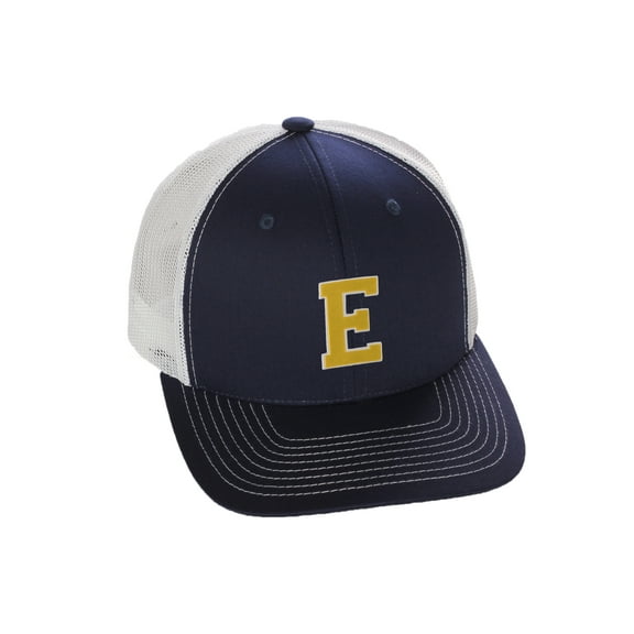 Structured Trucker Mesh Hat Custom Colors Letter E Initial Baseball Mid Profile (Navy White White Gold)