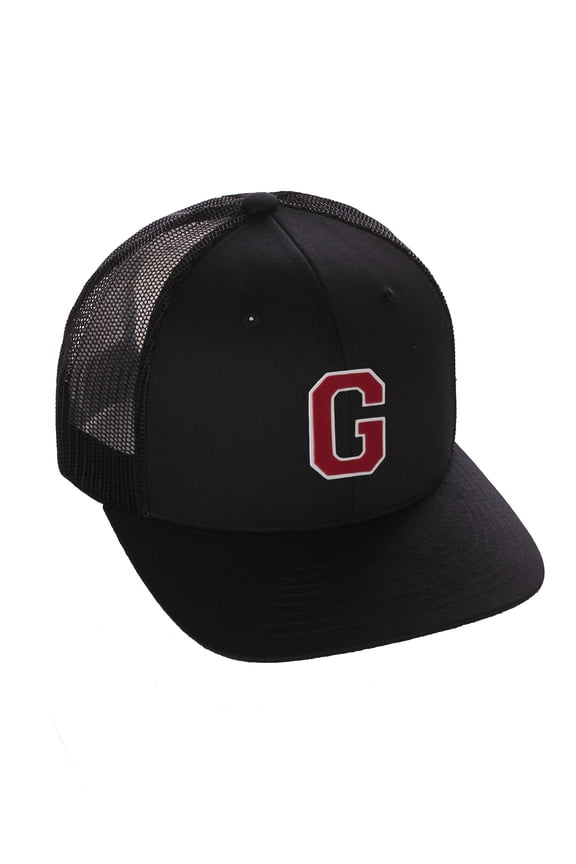 Structured Trucker Mesh Hat Custom Colors Letter G Initial Baseball Mid Profile (Black Black White Red)
