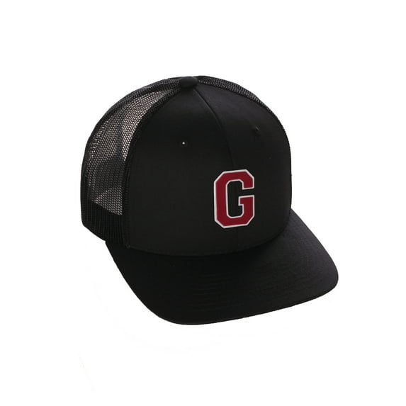 Structured Trucker Mesh Hat Custom Colors Letter G Initial Baseball Mid Profile (Black Black White Red)