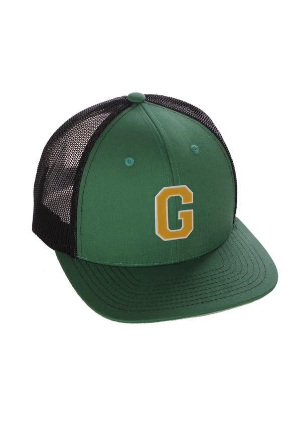 Structured Trucker Mesh Hat Custom Colors Letter G Initial Baseball Mid Profile (Green Black White Gold)
