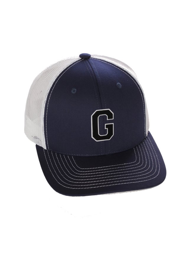 Structured Trucker Mesh Hat Custom Colors Letter G Initial Baseball Mid Profile (Navy White White Black)
