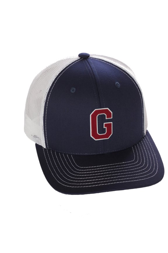 Structured Trucker Mesh Hat Custom Colors Letter G Initial Baseball Mid Profile (Navy White White Red)