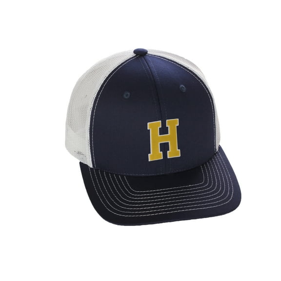 Structured Trucker Mesh Hat Custom Colors Letter H Initial Baseball Mid Profile (Navy White White Gold)