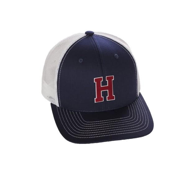 Structured Trucker Mesh Hat Custom Colors Letter H Initial Baseball Mid Profile (Navy White White Red)