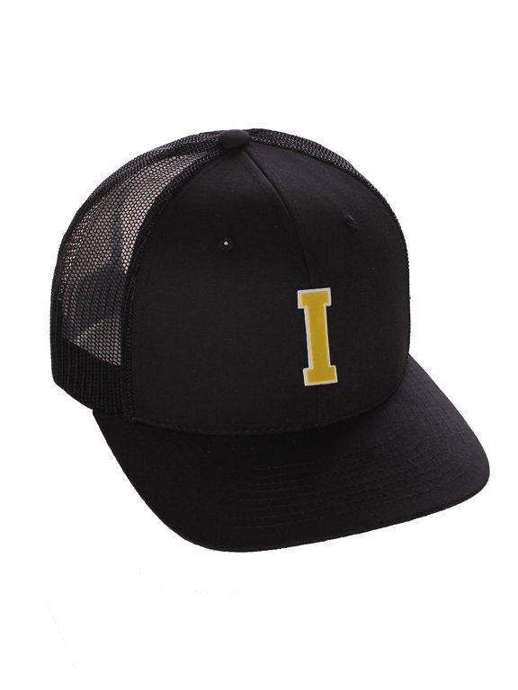 Structured Trucker Mesh Hat Custom Colors Letter I Initial Baseball Mid Profile (Black Black White Gold)