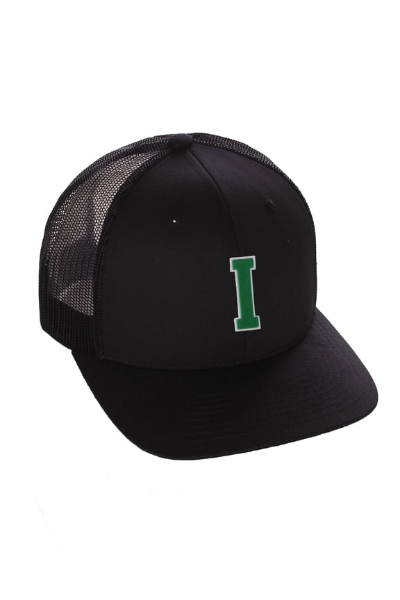 Structured Trucker Mesh Hat Custom Colors Letter I Initial Baseball Mid Profile (Black Black White Green)