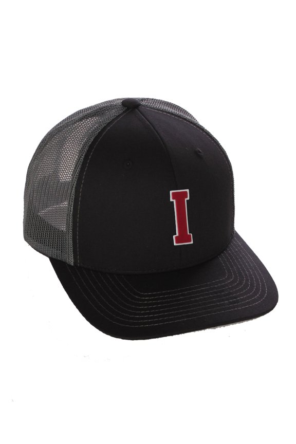 Structured Trucker Mesh Hat Custom Colors Letter I Initial Baseball Mid Profile (Black Charcoal White Red)