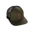 thumbnail image 1 of Structured Trucker Mesh Hat Custom Colors Letter I Initial Baseball Mid Profile (Olive Black White Red), 1 of 5