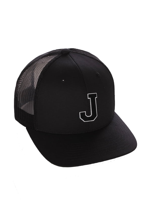 Structured Trucker Mesh Hat Custom Colors Letter J Initial Baseball Mid Profile (Black Black White Black)