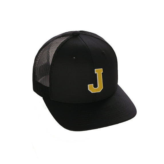 Structured Trucker Mesh Hat Custom Colors Letter J Initial Baseball Mid Profile (Black Black White Gold)