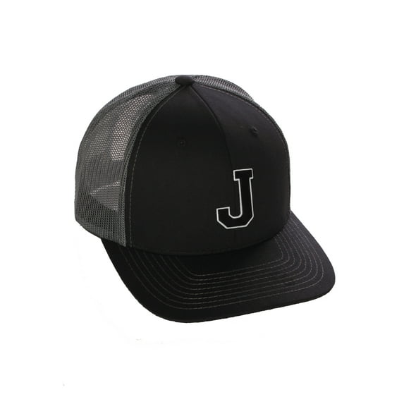 Structured Trucker Mesh Hat Custom Colors Letter J Initial Baseball Mid Profile (Black Charcoal White Black)
