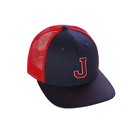 Structured Trucker Mesh Hat Custom Colors Letter J Initial Baseball Mid Profile (Navy Red White Red)