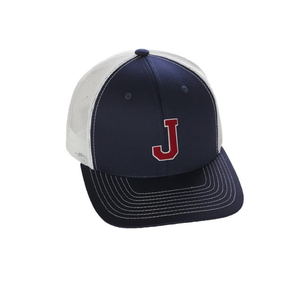 Structured Trucker Mesh Hat Custom Colors Letter J Initial Baseball Mid Profile (Navy White White Red)