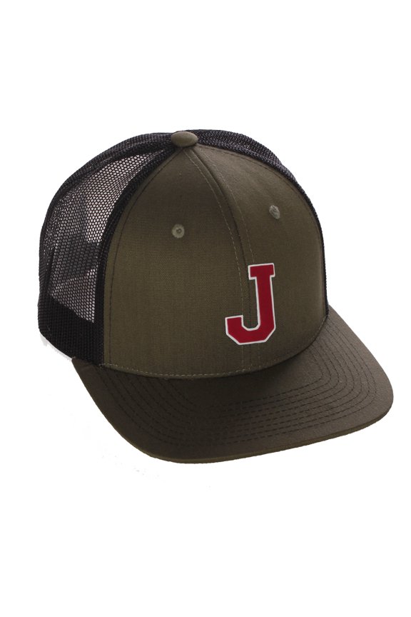 Structured Trucker Mesh Hat Custom Colors Letter J Initial Baseball Mid Profile (Olive Black White Red)