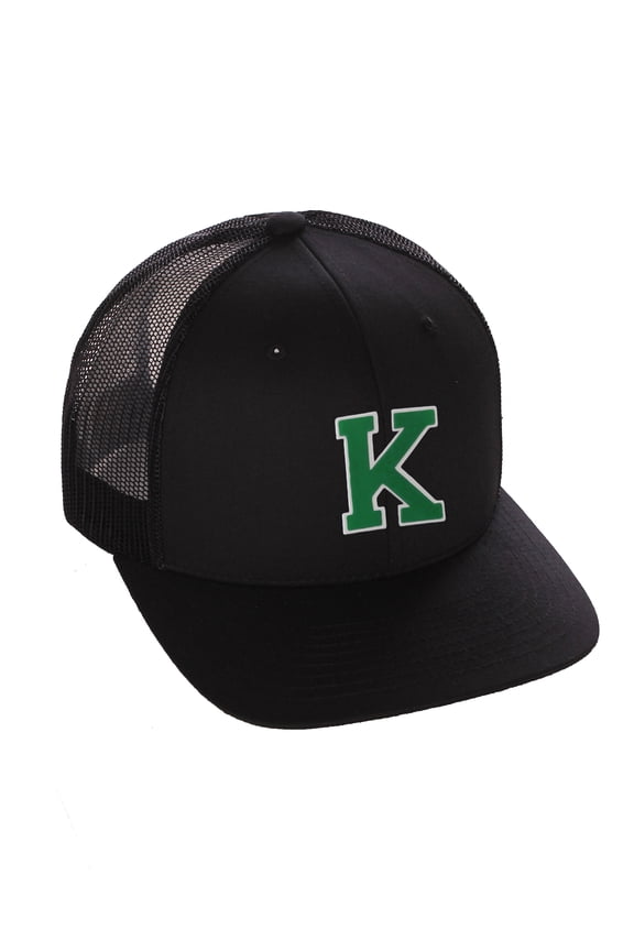 Structured Trucker Mesh Hat Custom Colors Letter K Initial Baseball Mid Profile (Black Black White Green)