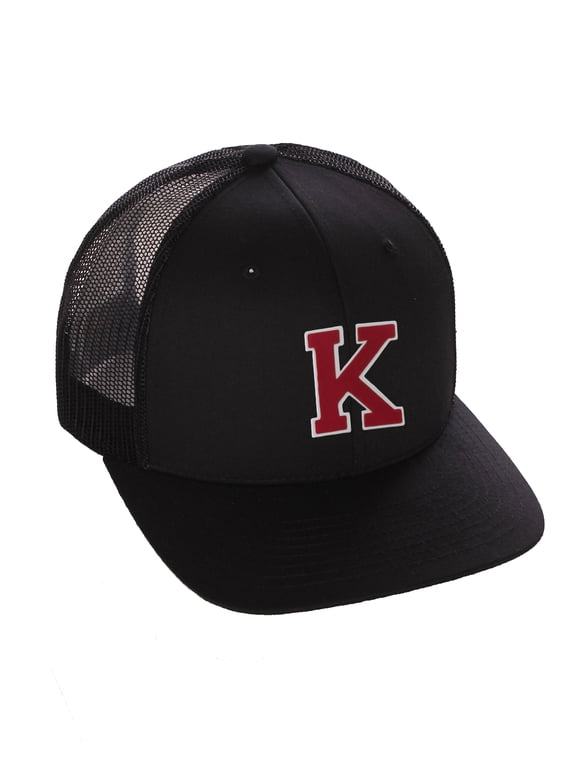 Structured Trucker Mesh Hat Custom Colors Letter K Initial Baseball Mid Profile (Black Black White Red)