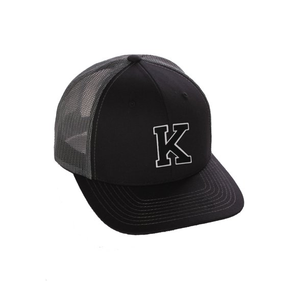 Structured Trucker Mesh Hat Custom Colors Letter K Initial Baseball Mid Profile (Black Charcoal White Black)