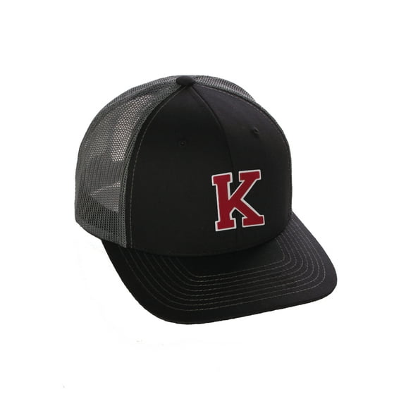 Structured Trucker Mesh Hat Custom Colors Letter K Initial Baseball Mid Profile (Black Charcoal White Red)
