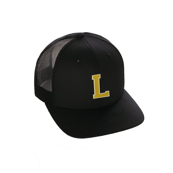 Structured Trucker Mesh Hat Custom Colors Letter L Initial Baseball Mid Profile (Black Black White Gold)