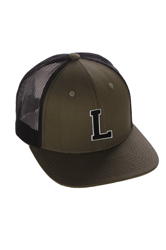 Structured Trucker Mesh Hat Custom Colors Letter L Initial Baseball Mid Profile (Olive Black White Black)