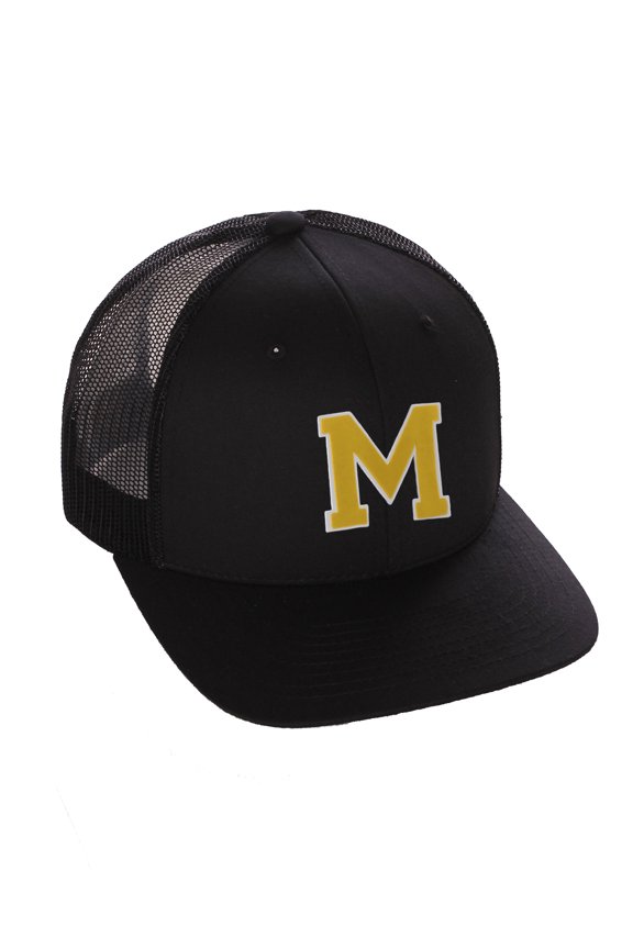 Structured Trucker Mesh Hat Custom Colors Letter M Initial Baseball Mid Profile (Black Black White Gold)