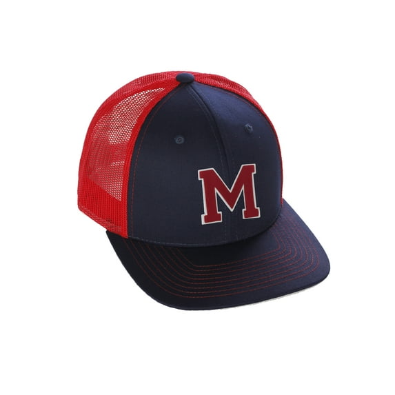 Structured Trucker Mesh Hat Custom Colors Letter M Initial Baseball Mid Profile (Navy Red White Red)