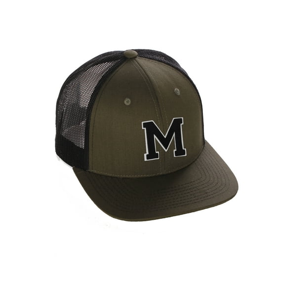 Structured Trucker Mesh Hat Custom Colors Letter M Initial Baseball Mid Profile (Olive Black White Black)