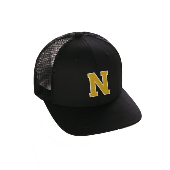 Structured Trucker Mesh Hat Custom Colors Letter N Initial Baseball Mid Profile (Black Black White Gold)