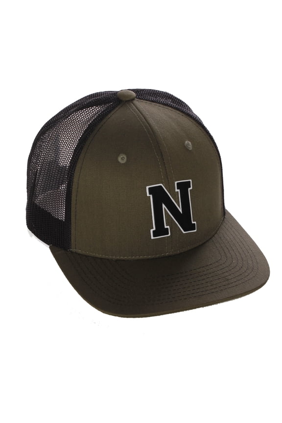 Structured Trucker Mesh Hat Custom Colors Letter N Initial Baseball Mid Profile (Olive Black White Black)
